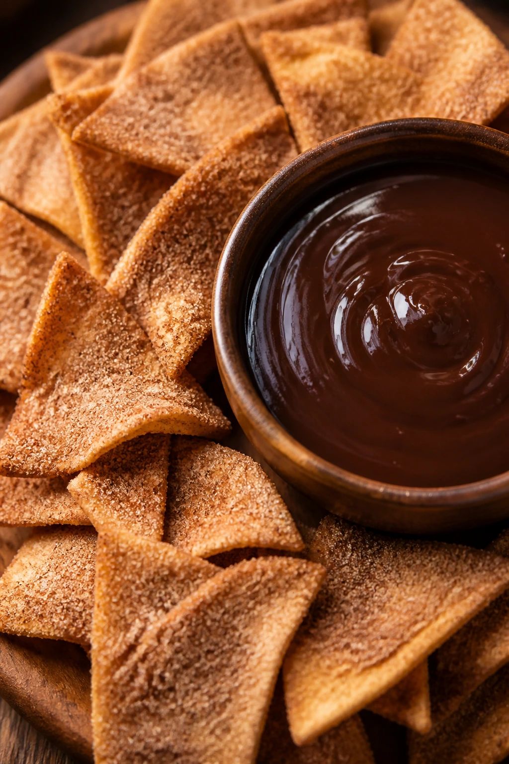 Cinnamon sugar tortilla chips around a bowl of melted chocolate fondue