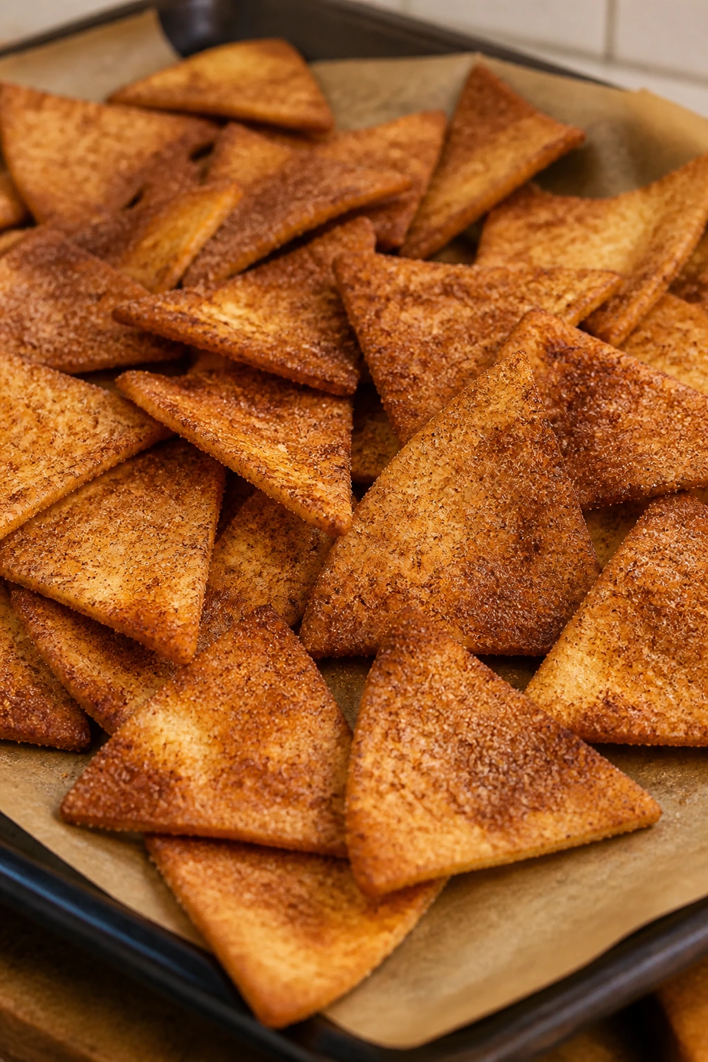 Close-up of cinnamon sugar tortilla chips on parchment-lined sheet