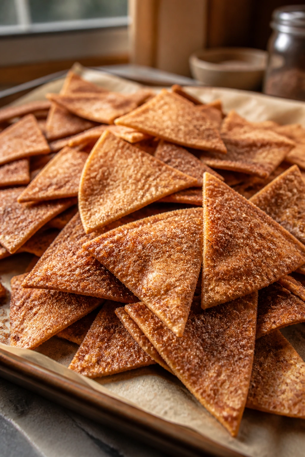 Close-up of cinnamon sugar tortilla chips on parchment in a cozy kitchen