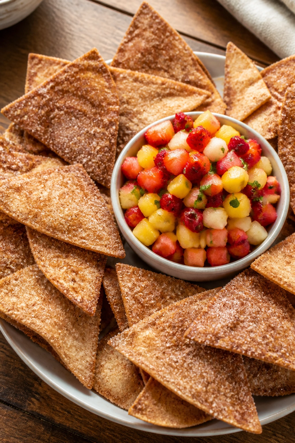 Cinnamon sugar tortilla chips with fruit salsa on wooden table