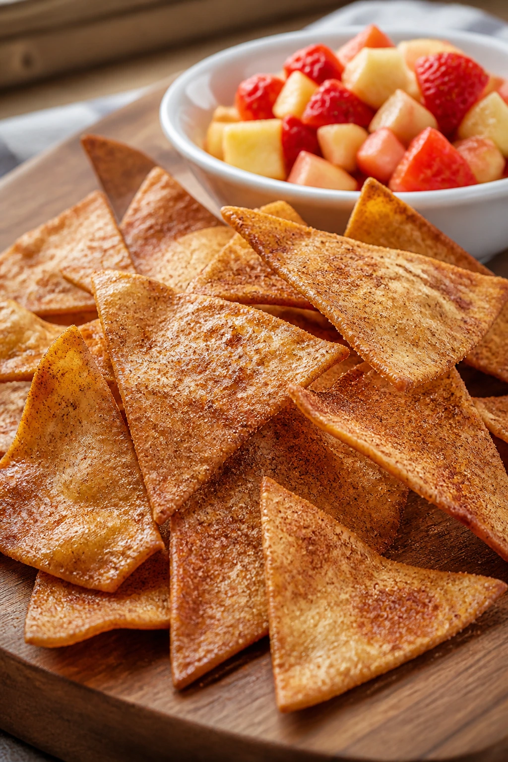 Close-up of cinnamon-sugar tortilla chips with apple salsa in a warm kitchen
