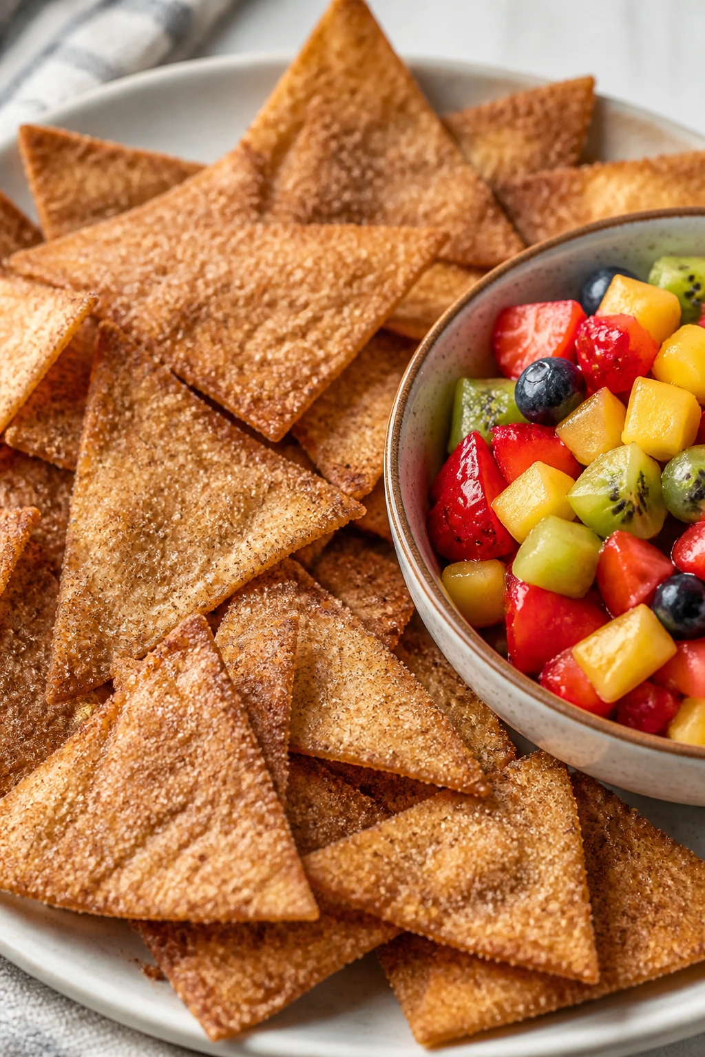 Plate of cinnamon sugar tortilla chips with colorful fruit salsa