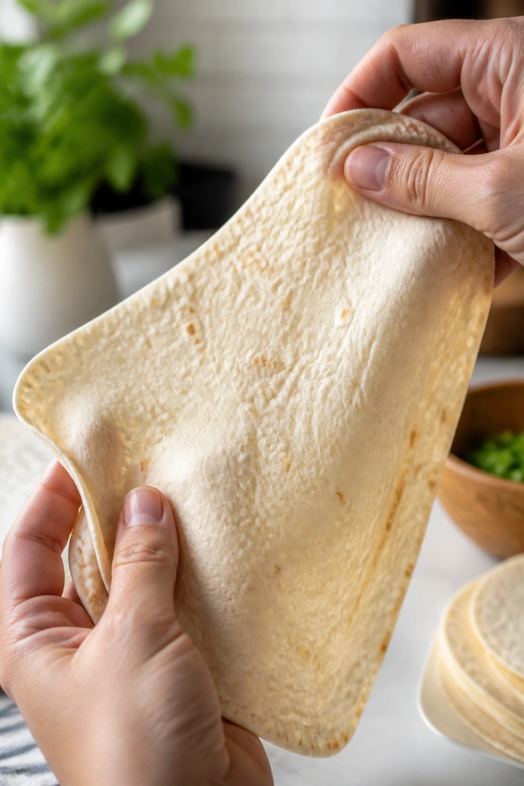 Close-up of a pliable flour tortilla being stretched