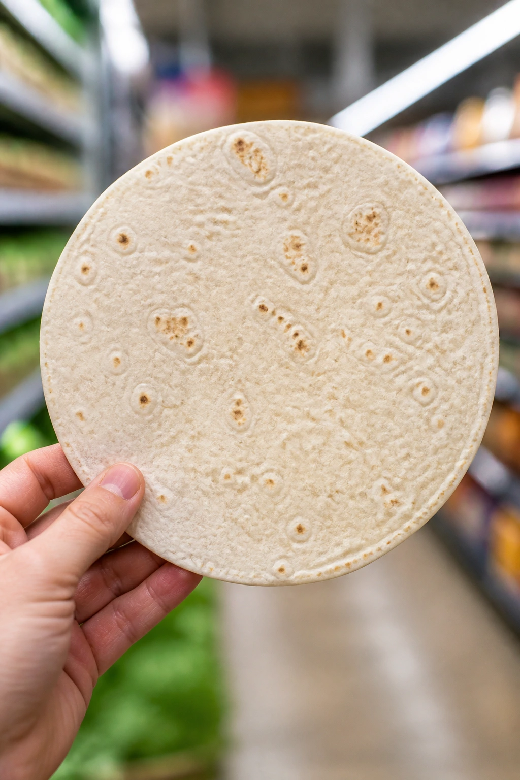 Close-up of a soft tortilla held in a shopper's hand in a grocery store