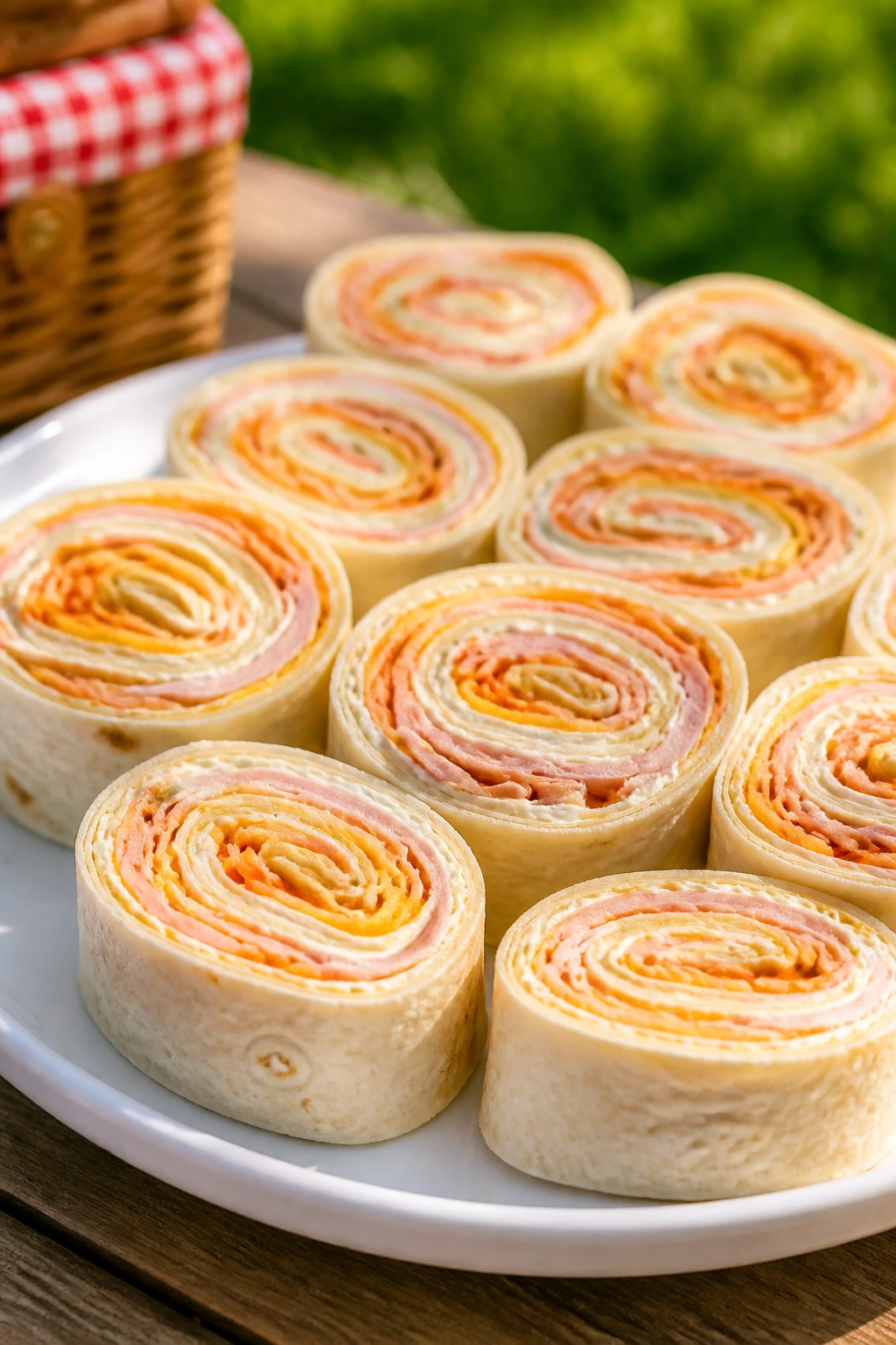 Close-up of tortilla pinwheel sandwiches sliced into rounds