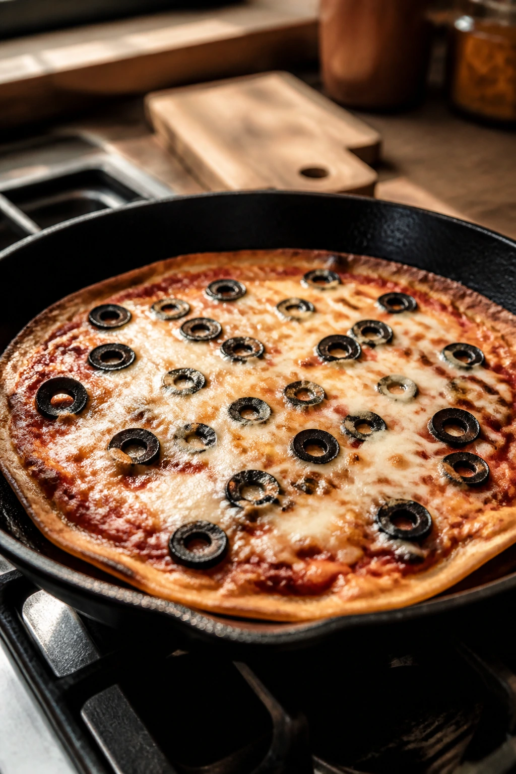Close-up of a crisp tortilla pan pizza with mozzarella and olives on a cast-iron skillet