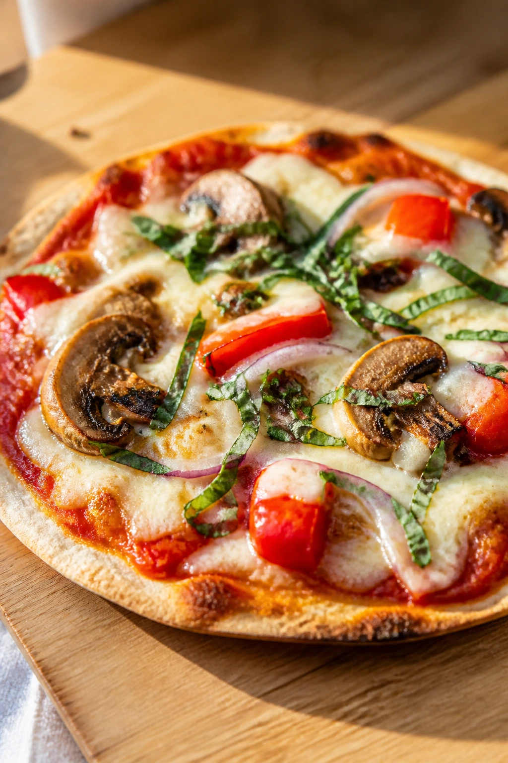 Close-up of a tortilla pizza with vegan cheese on a wooden board