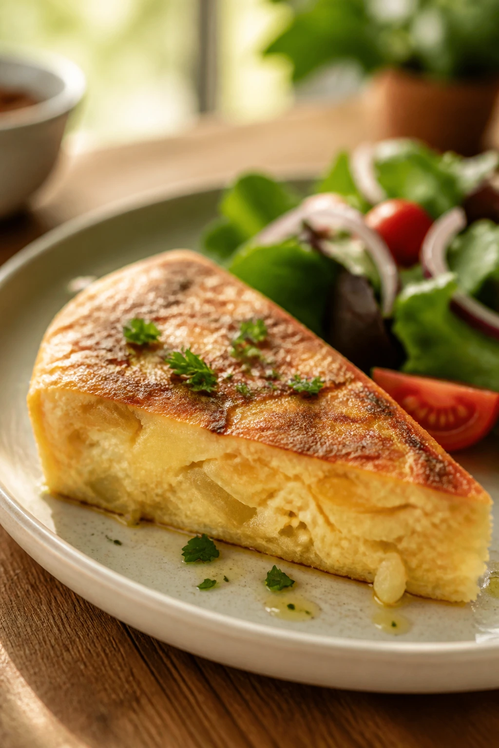 Close-up of Spanish tortilla wedge with a side salad on a wooden table