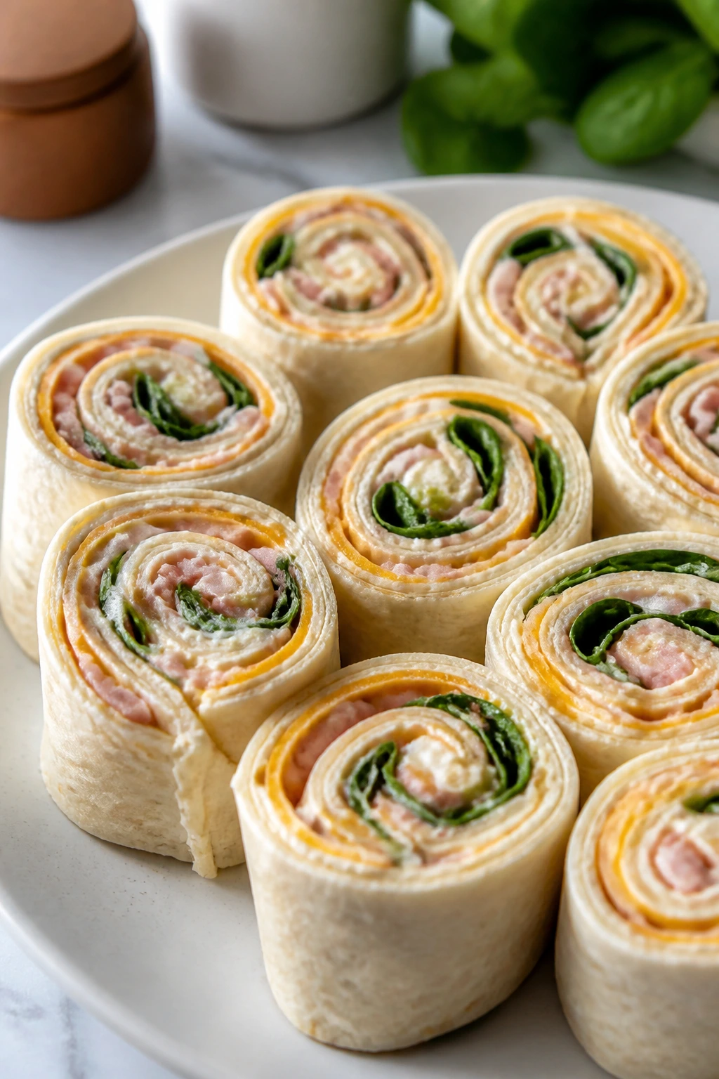 Plate of cheesy tortilla roll-ups sliced into spirals