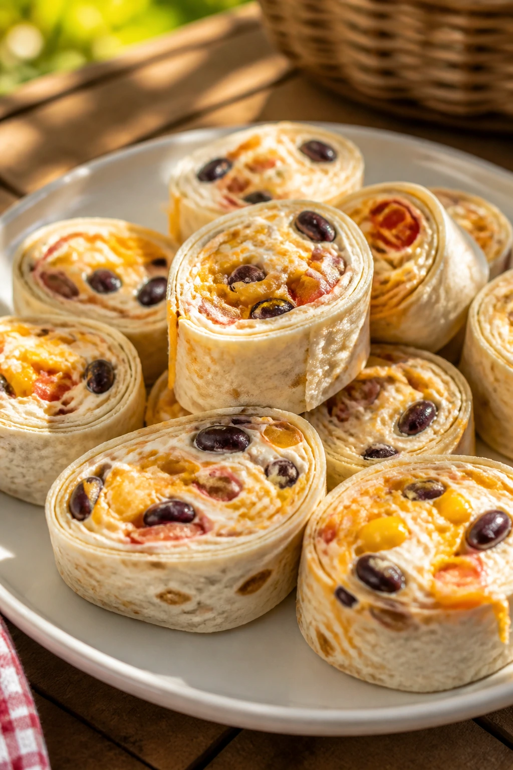 Close-up of tortilla roll-ups sliced into pinwheels on a plate for a picnic.