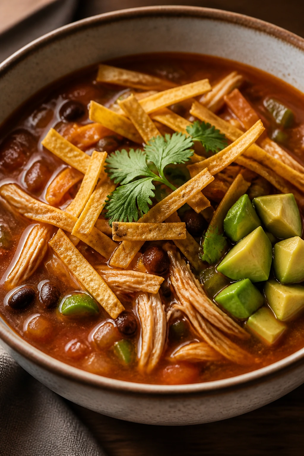 Bowl of tortilla soup with chicken and tortilla strips