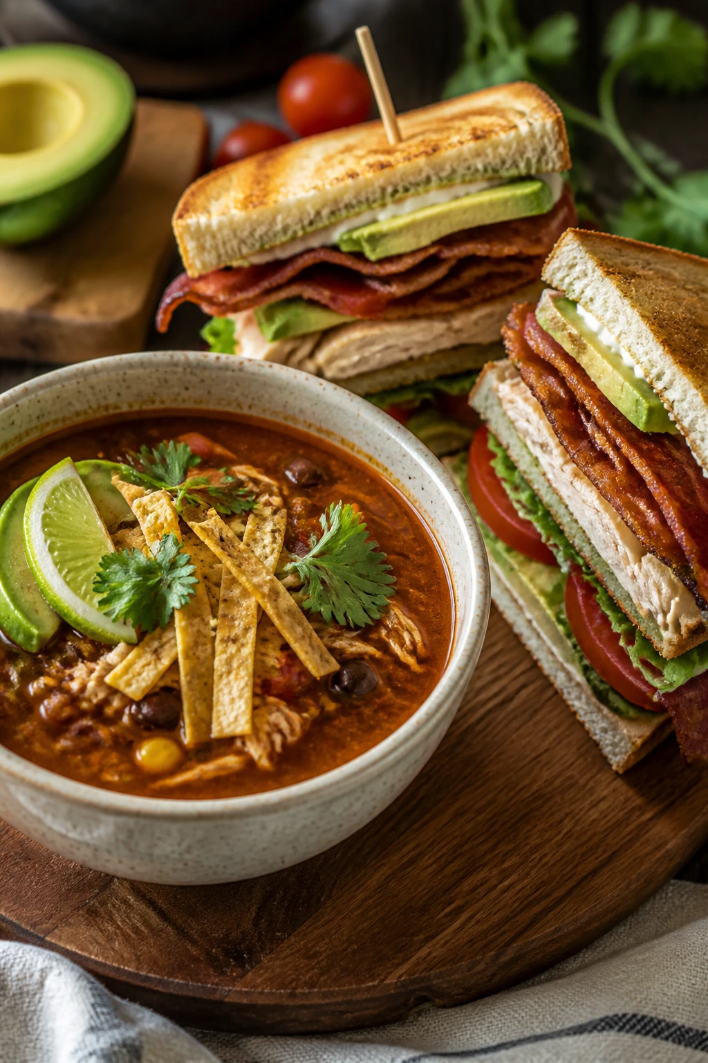 Tortilla soup with chicken avocado club sandwich on a wooden board
