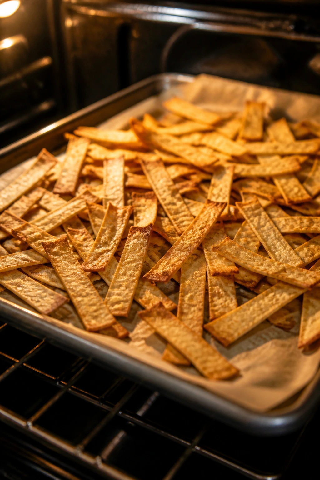 Tortilla strips baking on a parchment-lined sheet pan