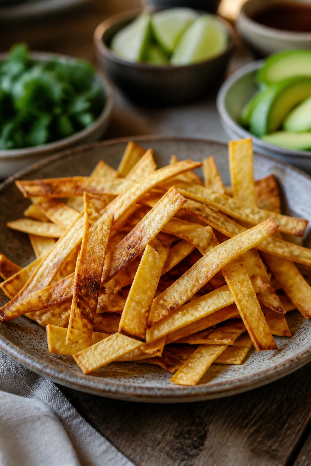 Close-up of crispy tortilla strips on a rustic plate for serving soup toppings