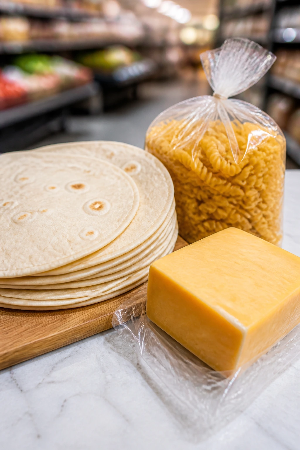 Tortillas, cheese, and pasta on a kitchen counter illustrating smart shopping tips