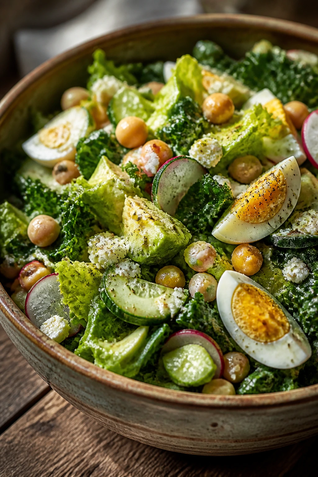 Close-up of a vibrant tossed salad in a deep ceramic bowl on a rustic wooden table