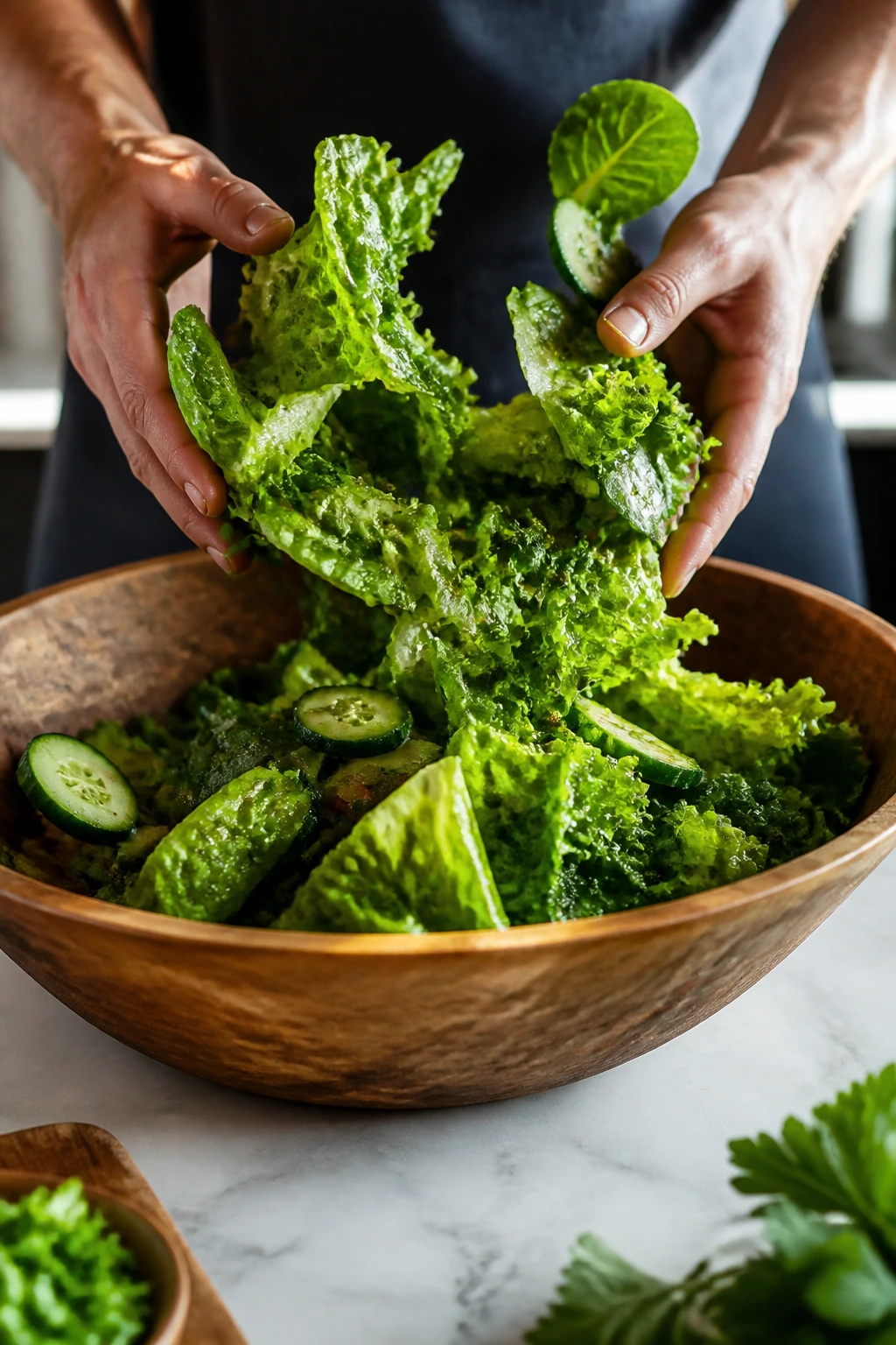 Hands tossing crisp greens in a wooden bowl