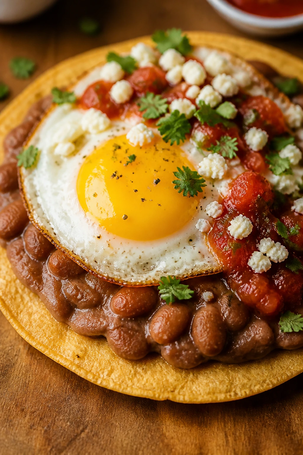Tostada with beans and fried egg on a kitchen counter