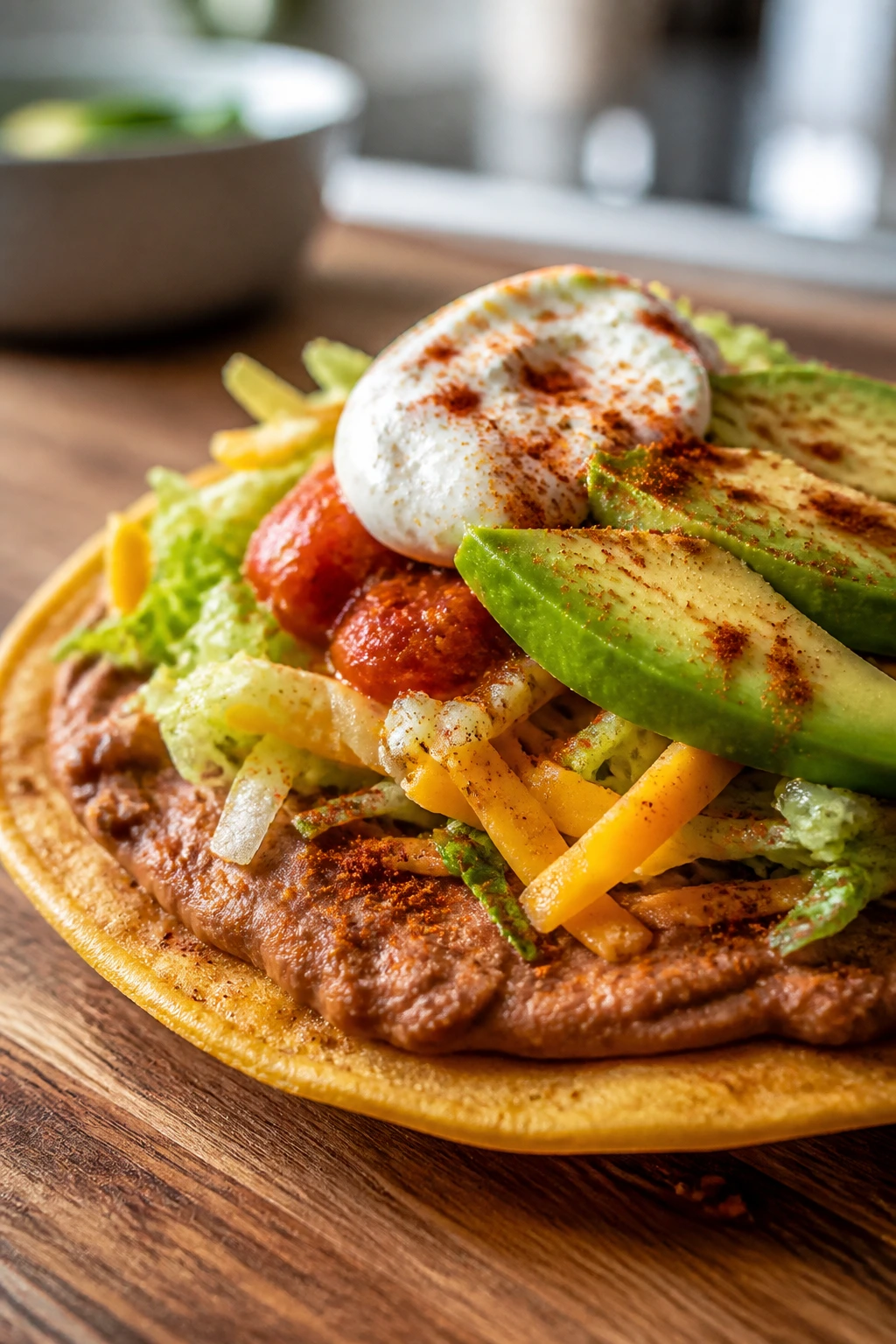 Single smoky bean tostada topped with beans, salsa, and avocado