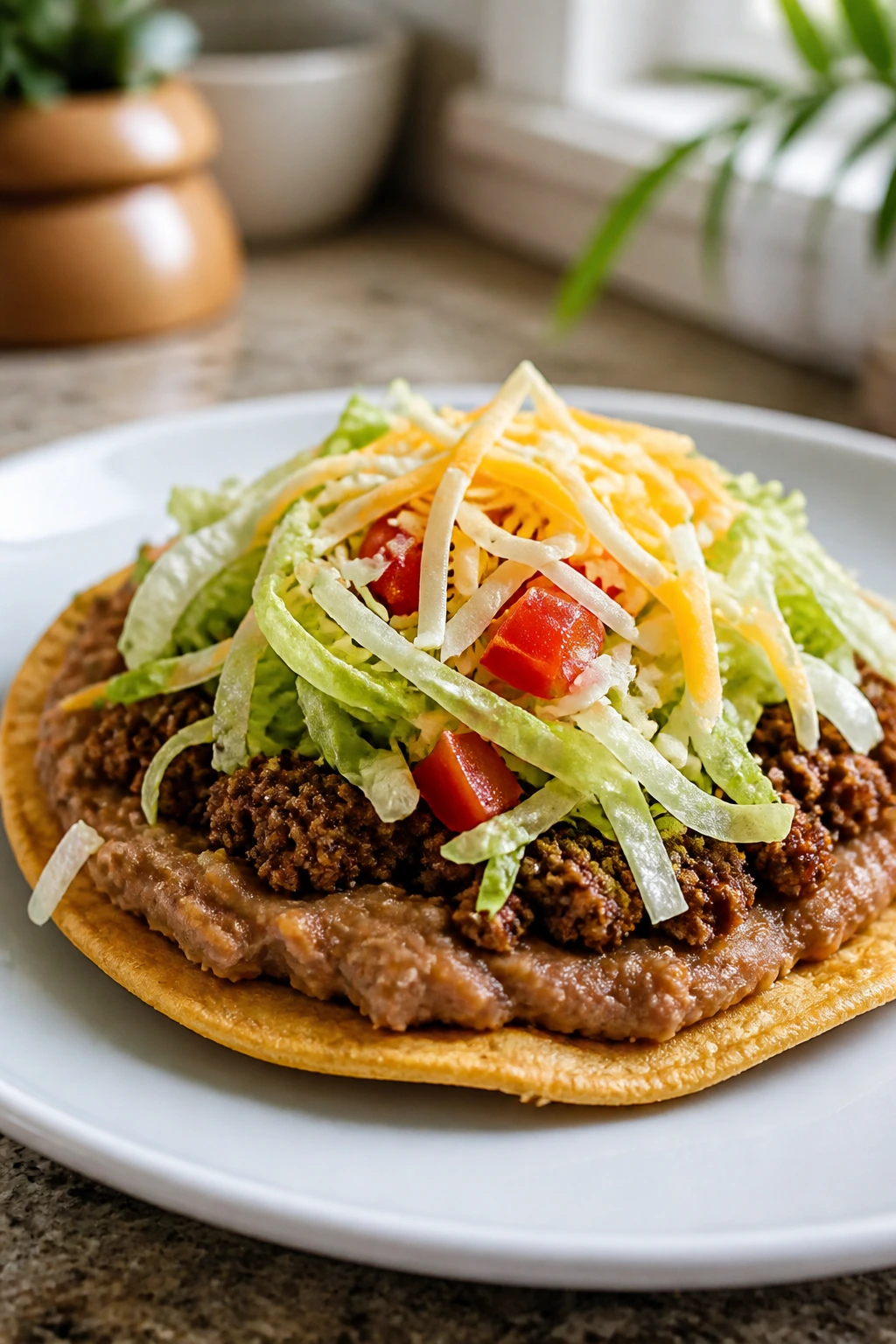 Crisp tostada with beef, beans, lettuce and cheese on a plate