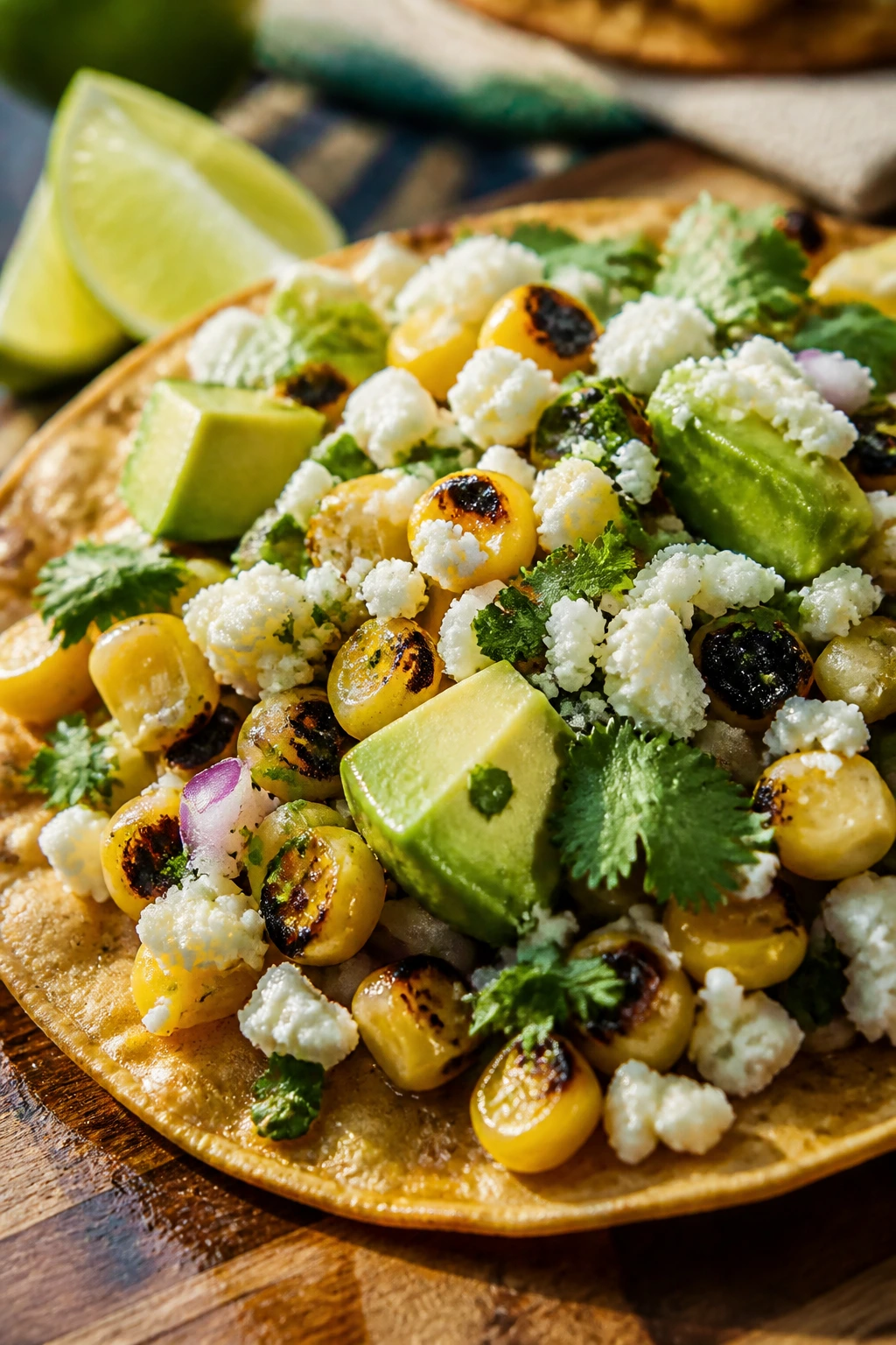 Close-up of a charred corn tostada with cotija avocado and cilantro on a picnic board