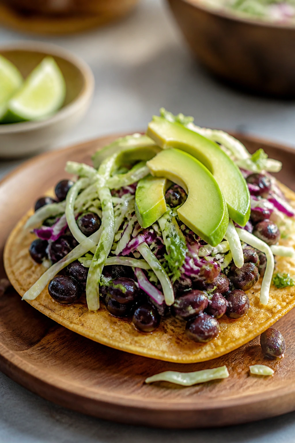 Close-up of a crisp tostada with black beans lime slaw and avocado