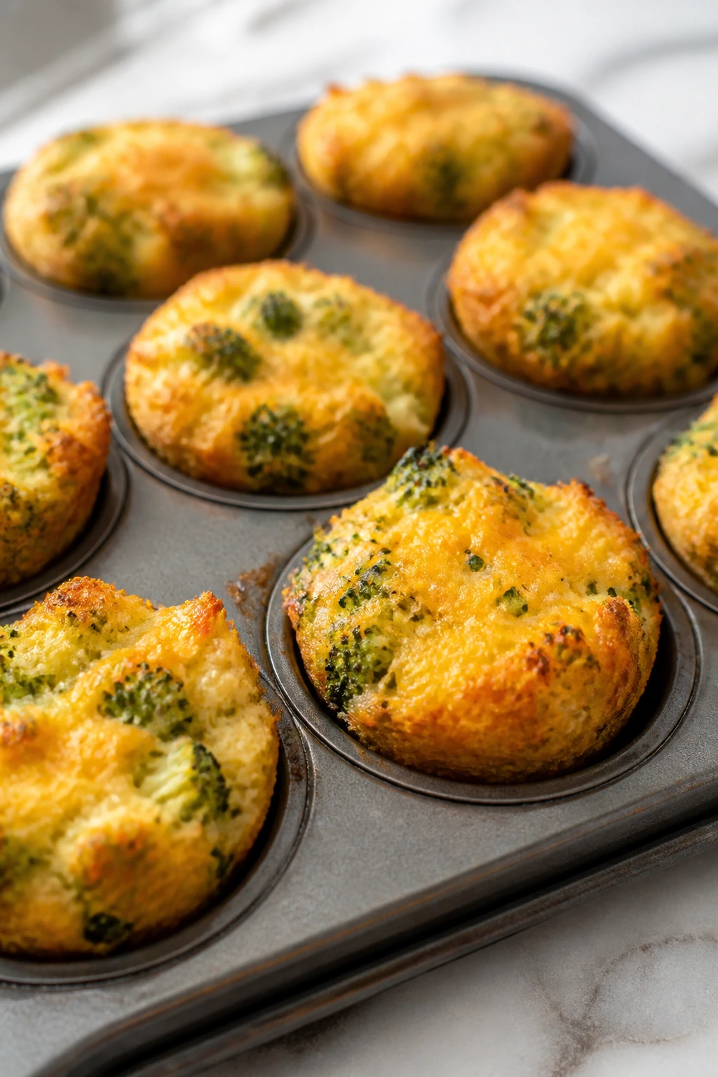 Close-up of broccoli cheddar tots in a mini muffin tin on a bright counter