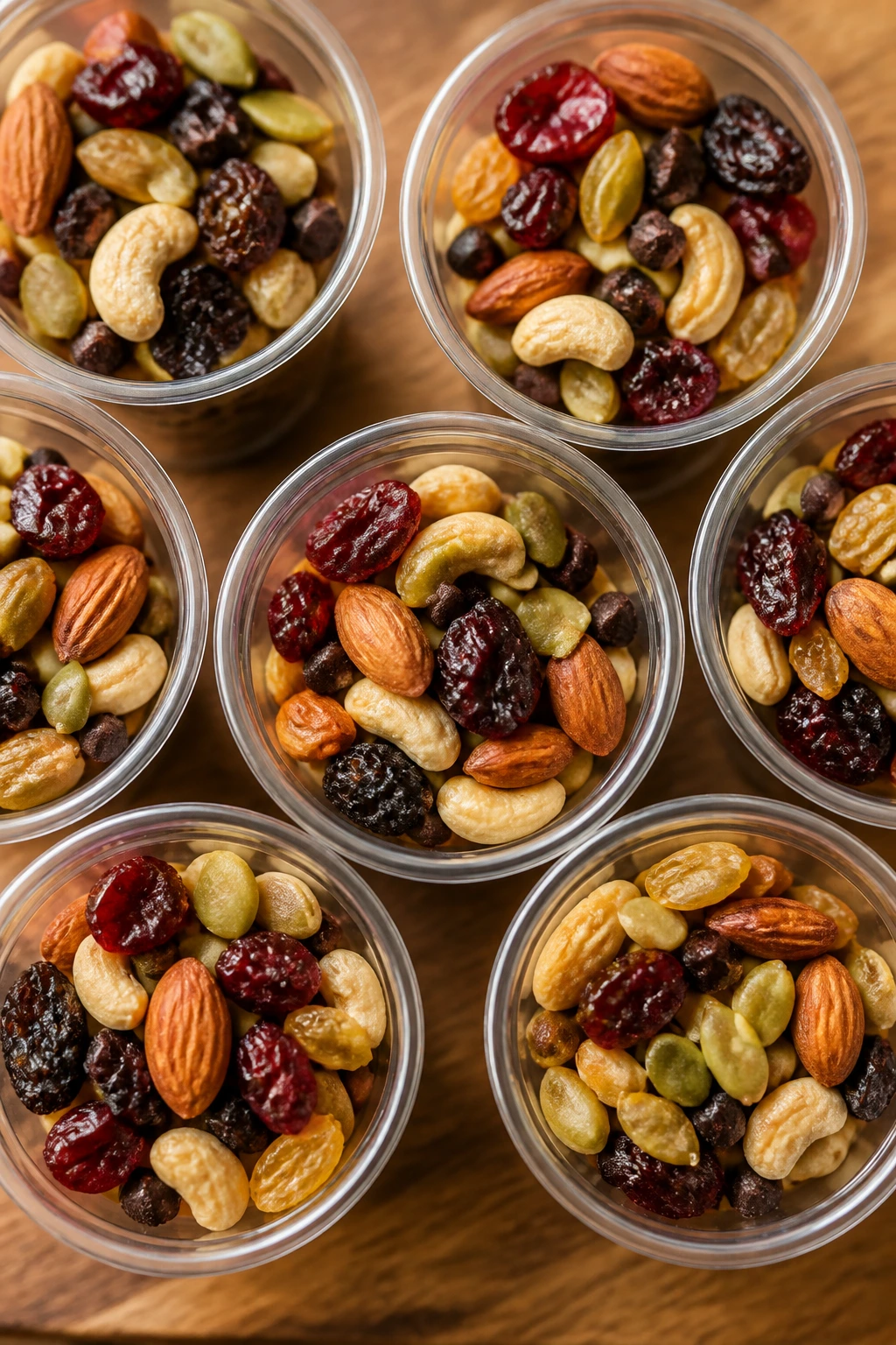 Top-down view of trail mix snack cups on a wooden table