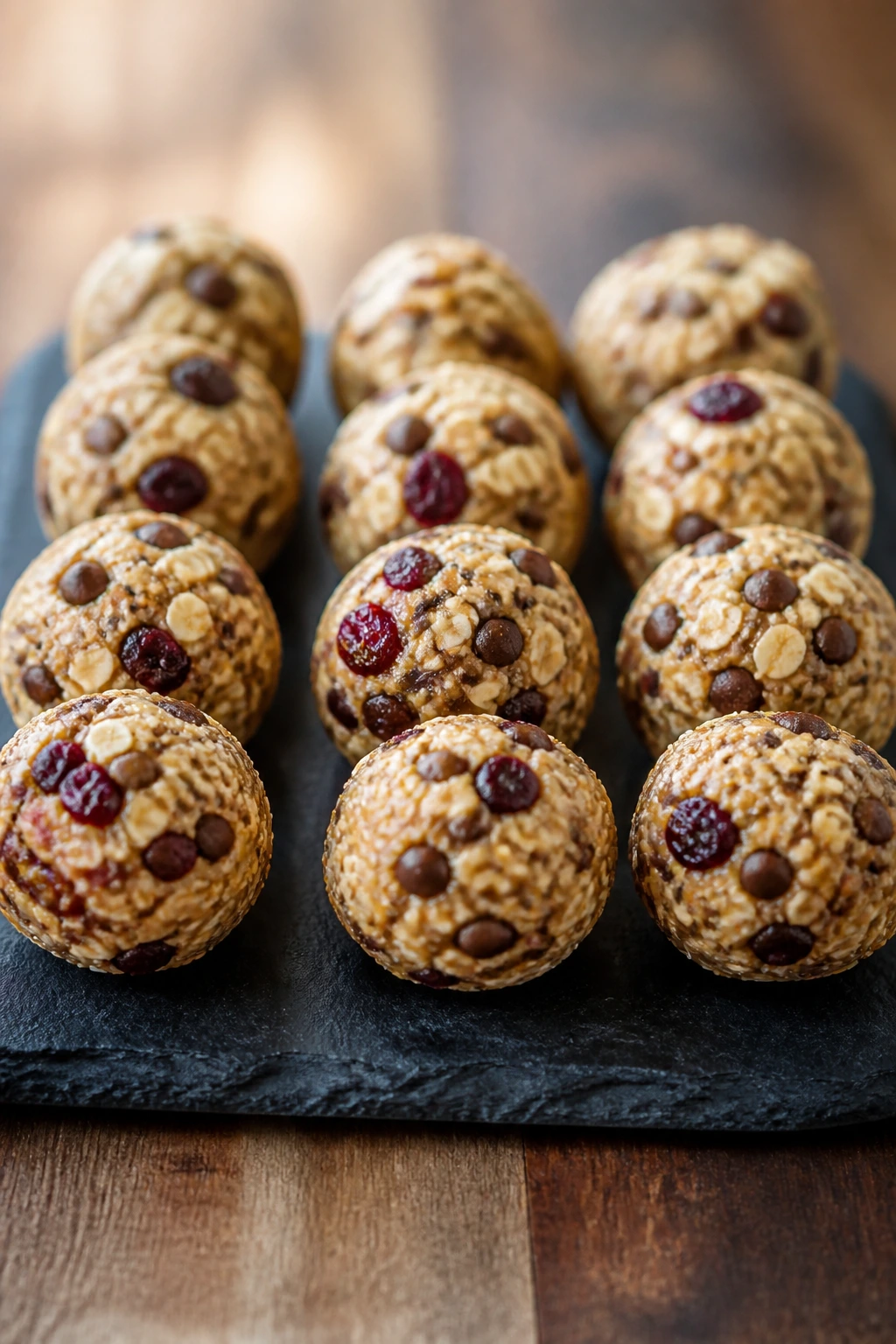 Row of energy balls on a slate plate with oats and mix-ins