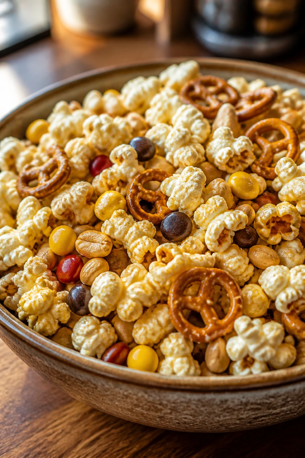 Close-up of Sweet-and-Salty Trail Mix Popcorn in a bowl with pretzels and candy on a wooden counter