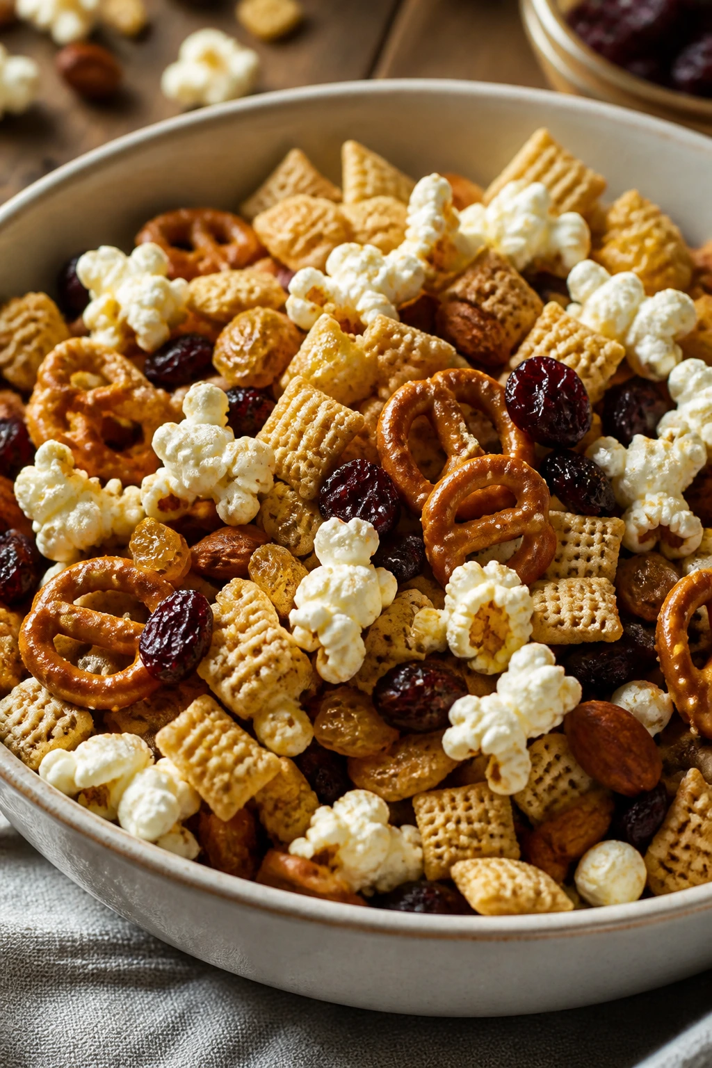 Bowl of trail mix with popcorn pretzels and nuts