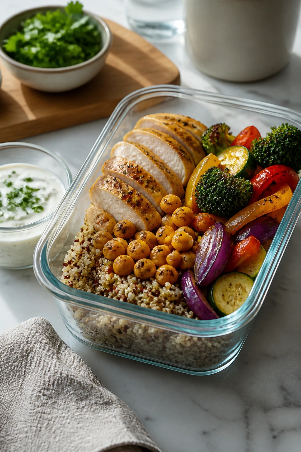 Glass lunch container with quinoa, vegetables, and protein, ready to travel.