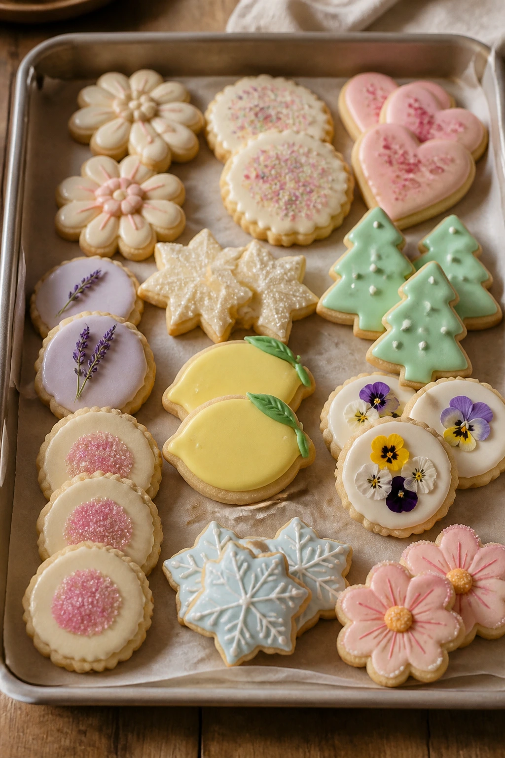 Tray of assorted sugar cookies ready to serve in a warm kitchen