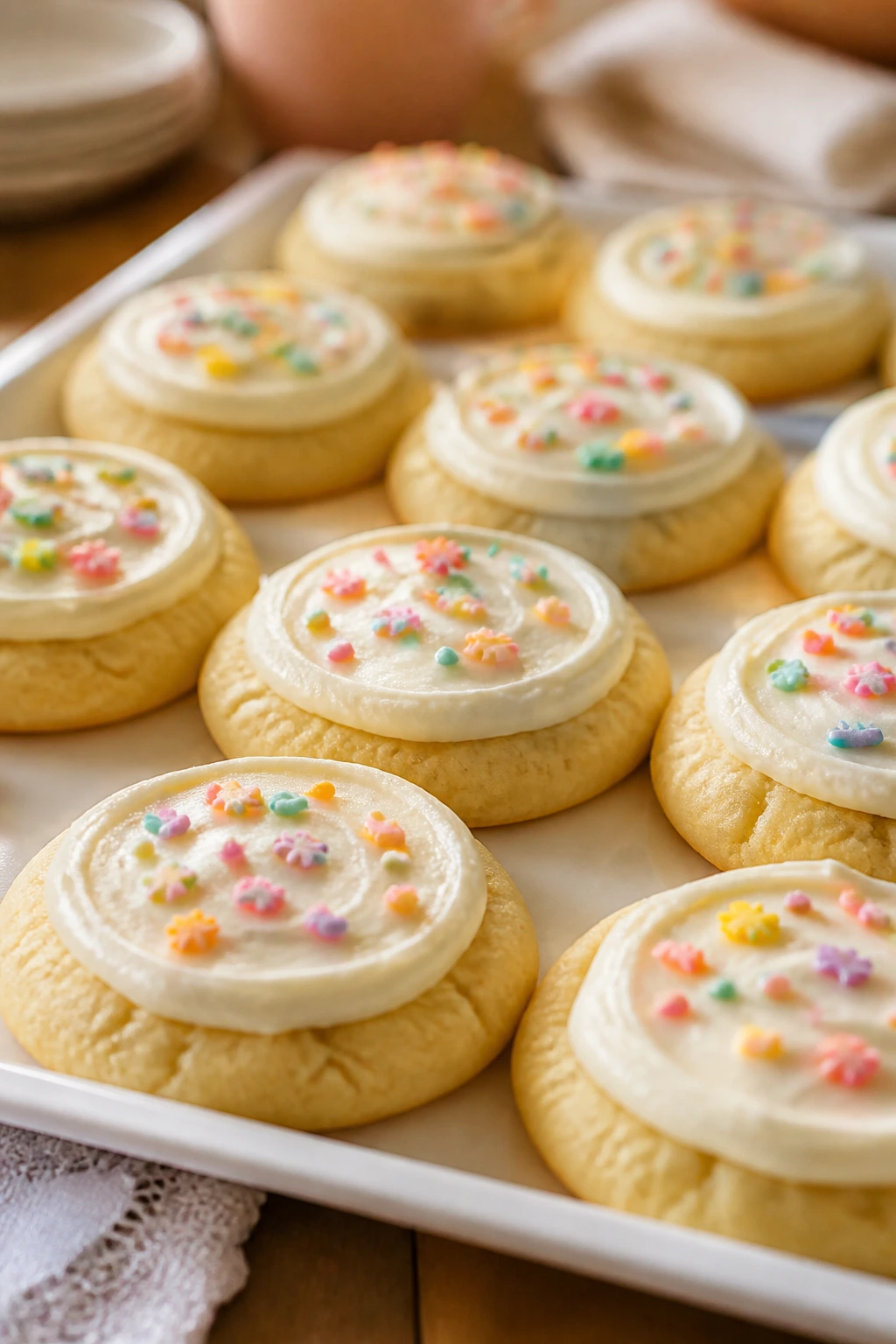 Tray of soft cookies with cream cheese frosting dominating the frame