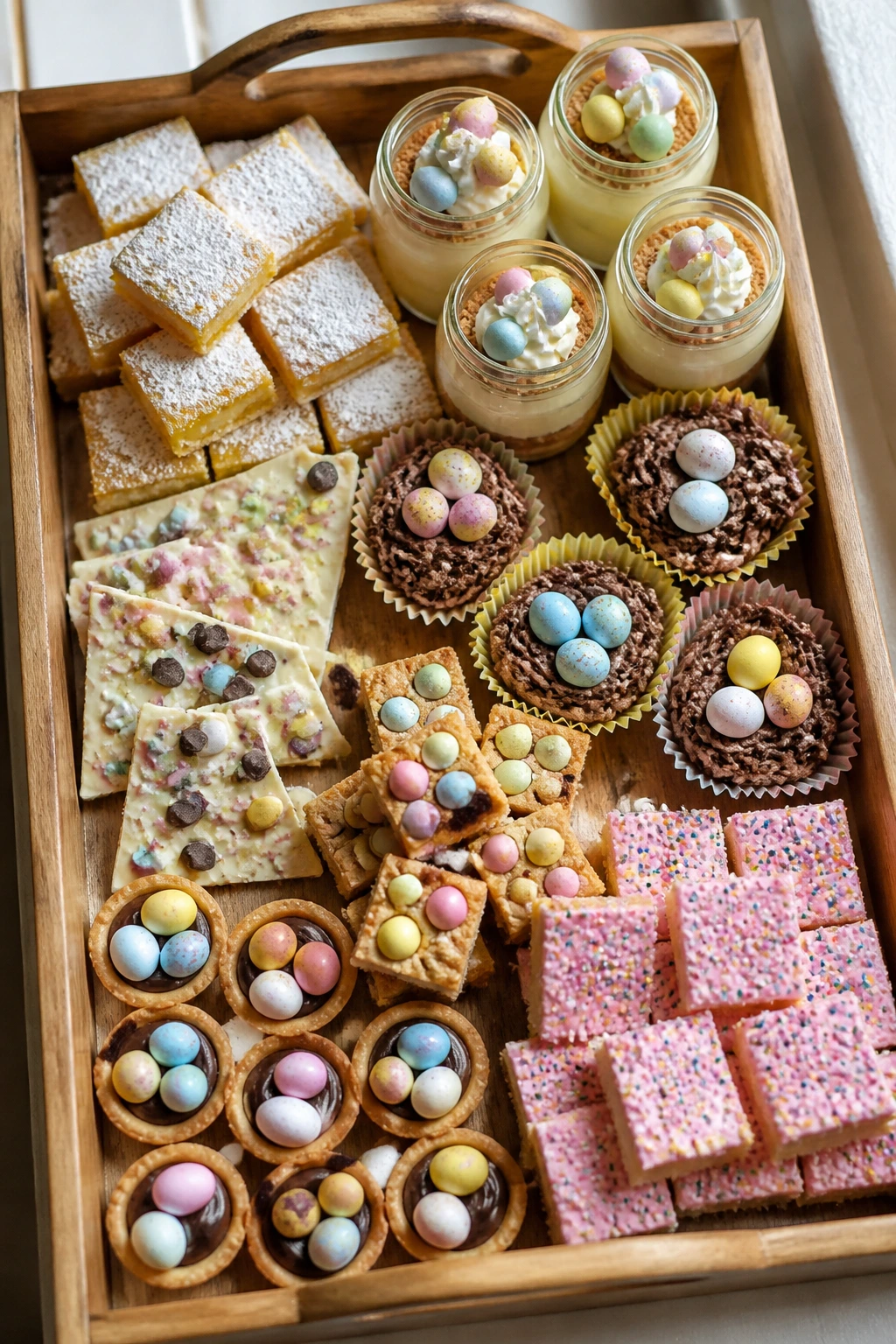 Top-down tray of assorted Easter desserts on a wooden board