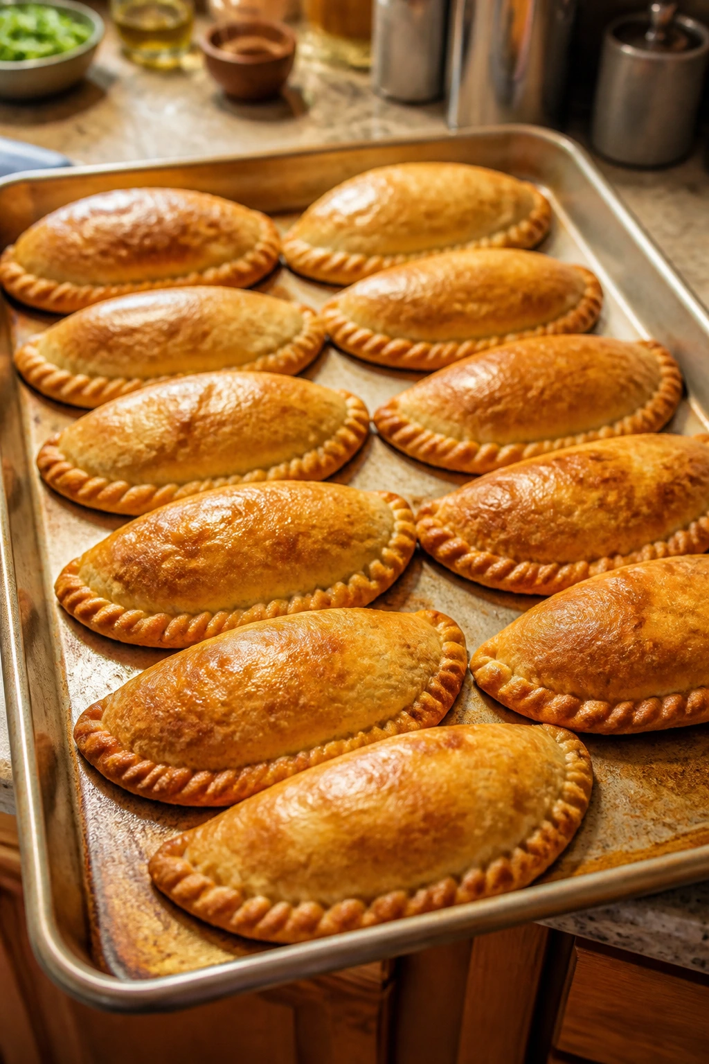 Large tray of golden empanadas on a kitchen counter