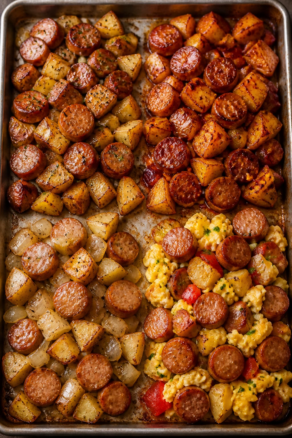 Sheet pan showing glaze variations on potatoes and sausage