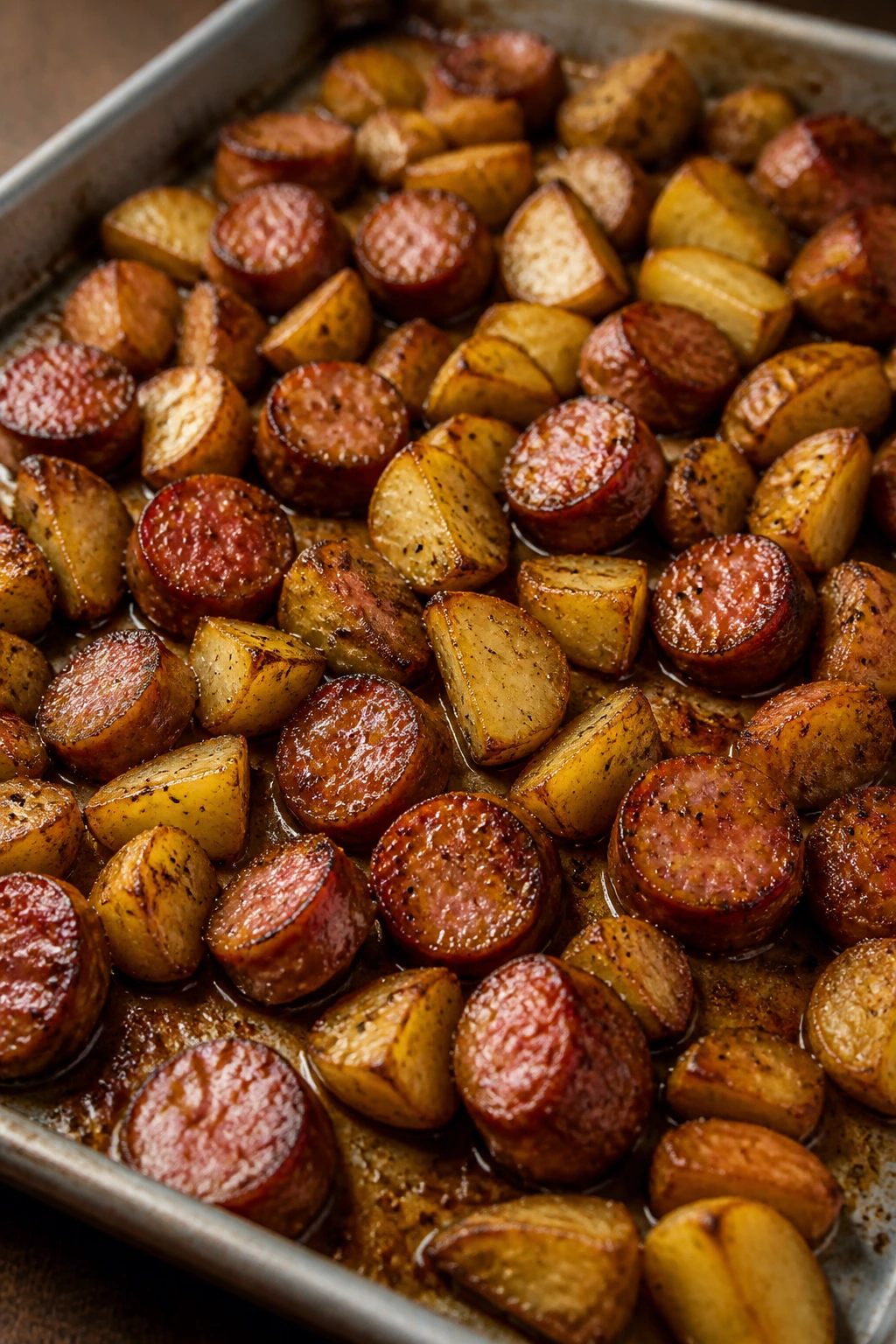 Sheet pan with glazed potatoes and sausage, close-up