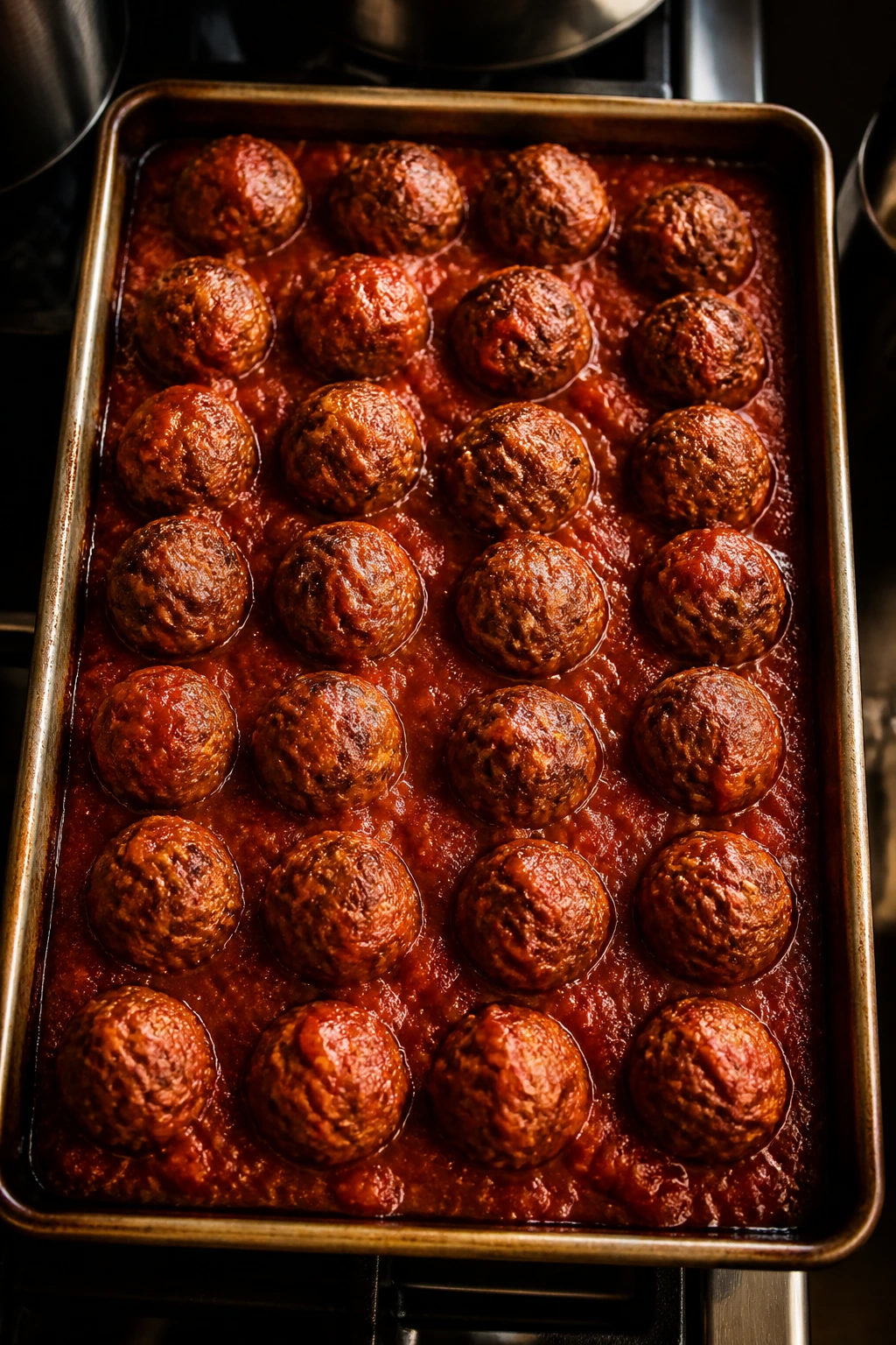 Tray of meatballs arranged on a baking sheet with tomato glaze, filling the frame