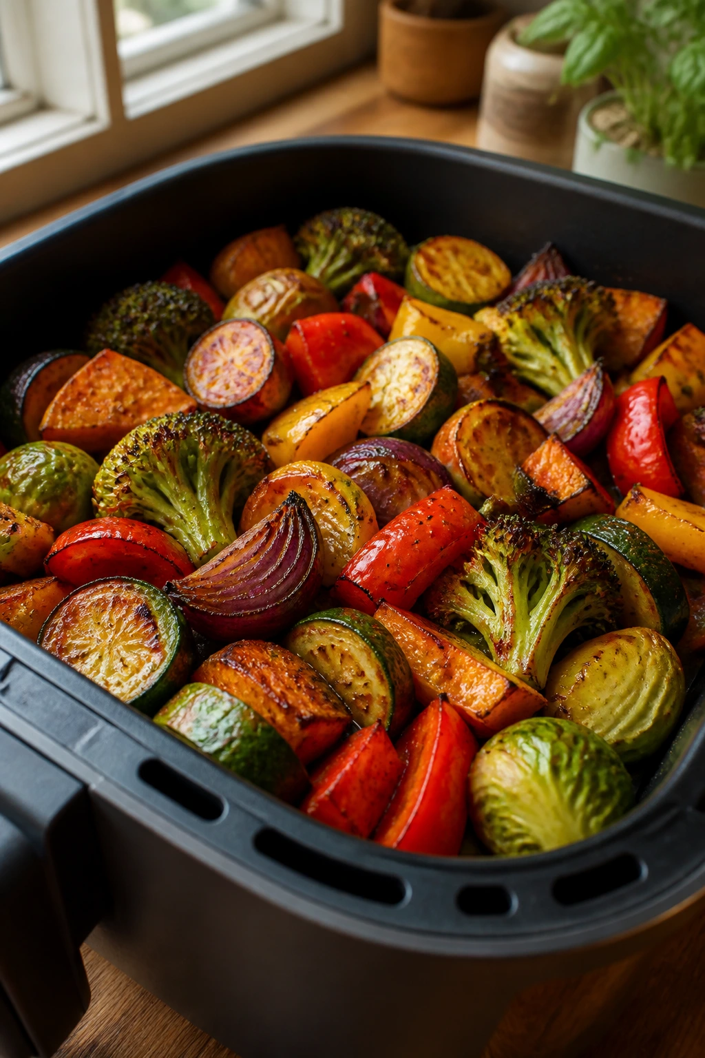 Tray of air fried vegetables with browned edges on a wooden kitchen counter
