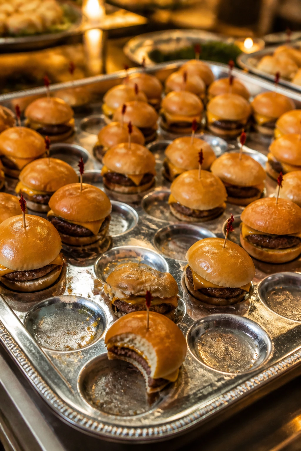 Close-up of a tray of slider burgers being emptied at a buffet