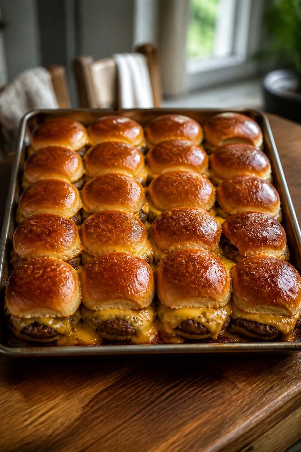 Tray of cheeseburger sliders with melted cheese on a baking sheet.