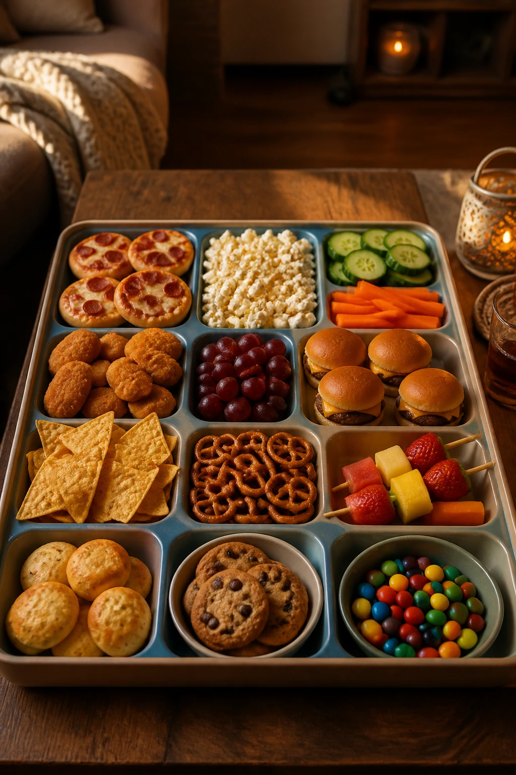 Tray-filled coffee table with multiple snack compartments for movie night