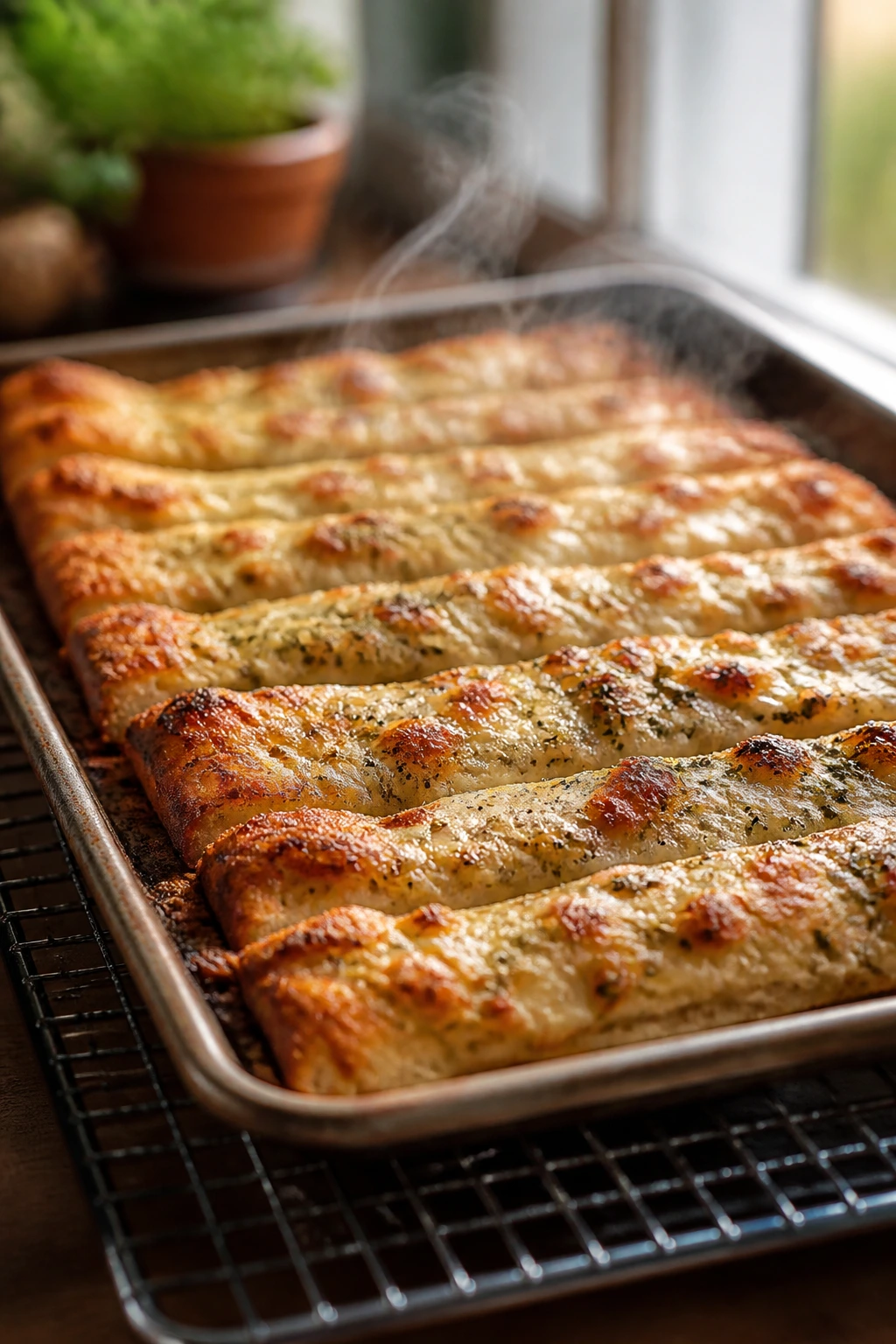 Tray of pizza dippers cooling on a rack in a sunny kitchen