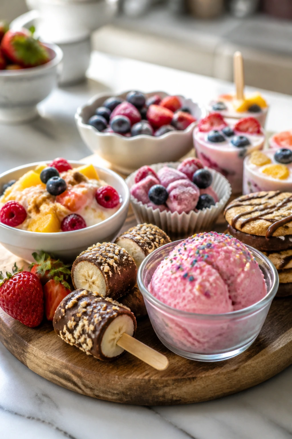Close-up of colorful kid-friendly treats on a rustic board, ideal for busy weeknights.