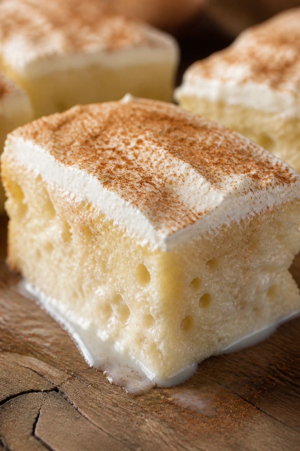 Close-up of tres leches cake bar with milk-soaked crumb and cinnamon dusting