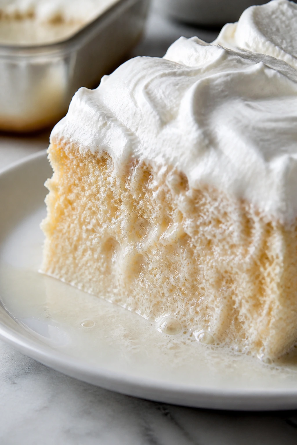 Slice of tres leches cake soaked with three milks and whipped cream