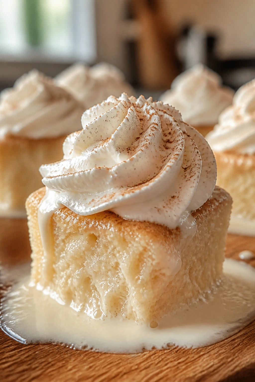 Close-up of a moist Tres Leches Keto Cupcake drenched in milk with whipped topping