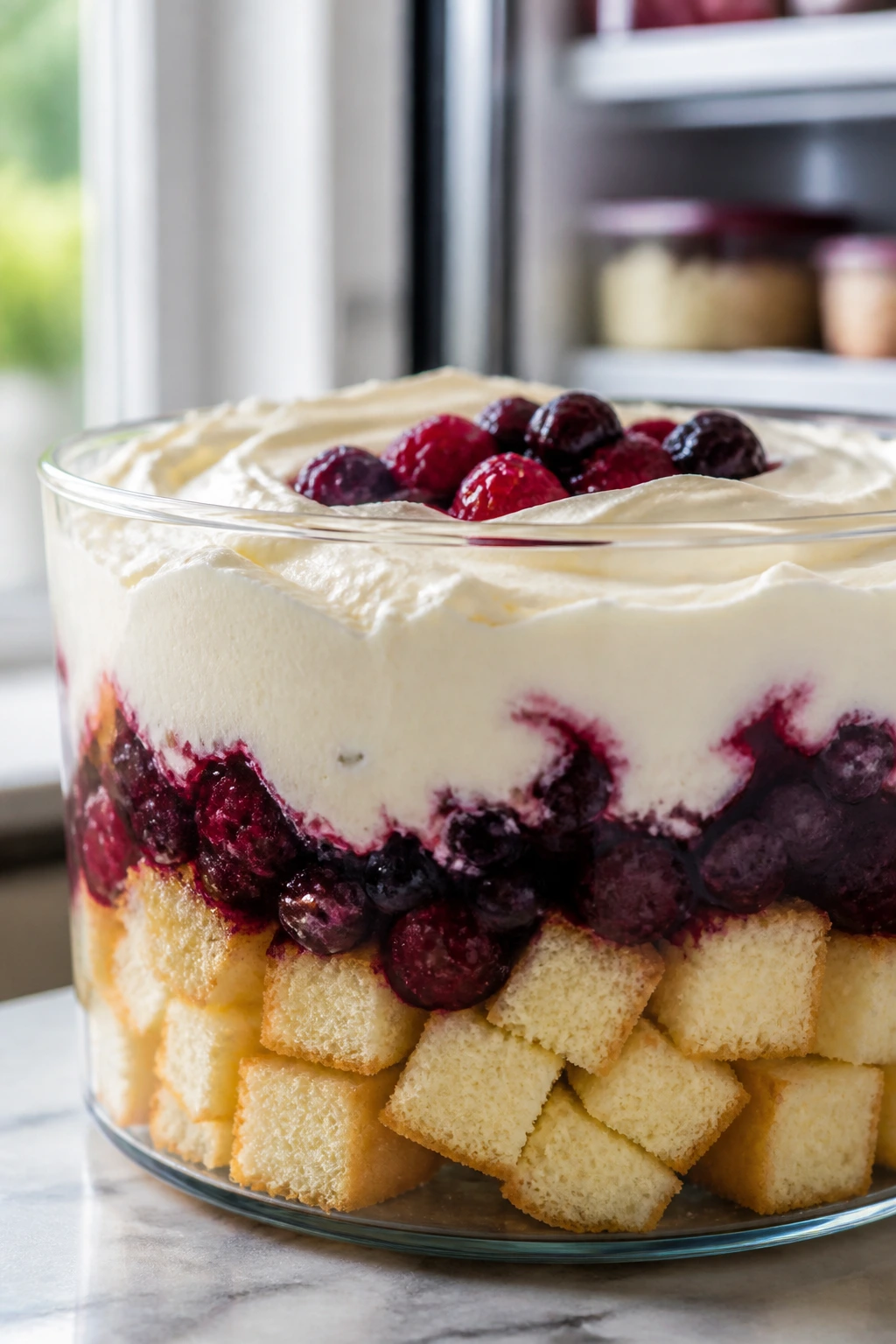 Close-up of a layered trifle in a glass bowl in a kitchen, emphasizing make-ahead and fridge storage