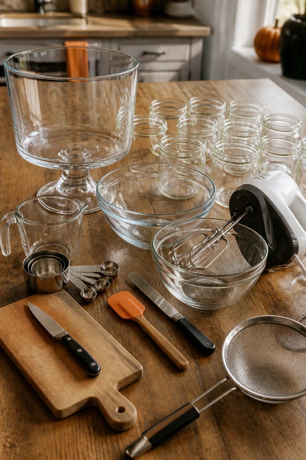 Close-up of essential Halloween trifle equipment on a wooden counter